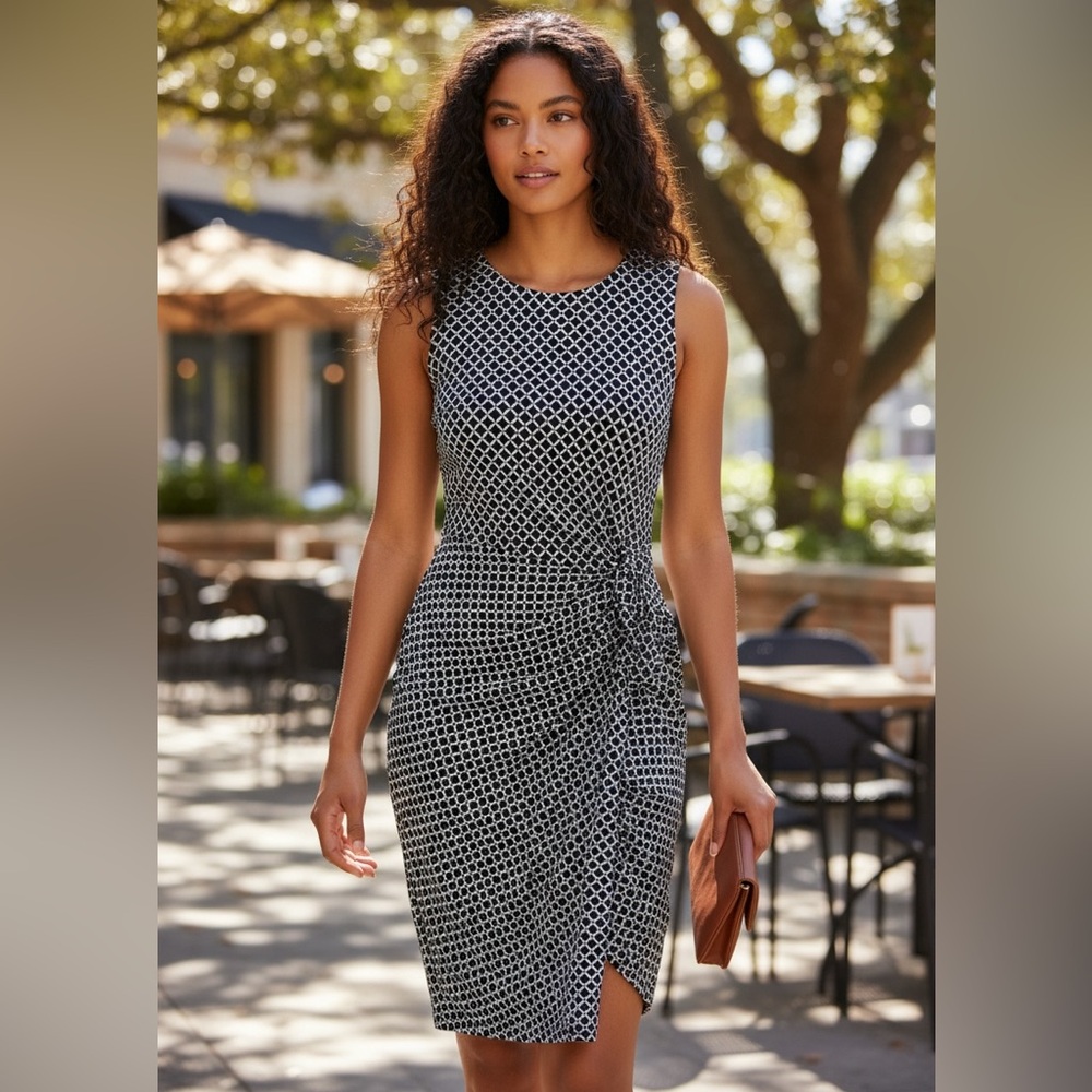 Ann Taylor Factory Blue White Geometric Pattern Sleeveless Faux Wrap Dress Sz SP